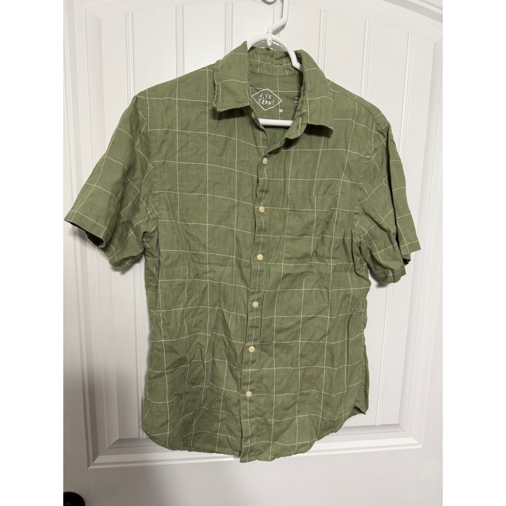 Alex Crane Linen Shirt Mens M Ola Short Sleeve Green Grid Button Down EUC
